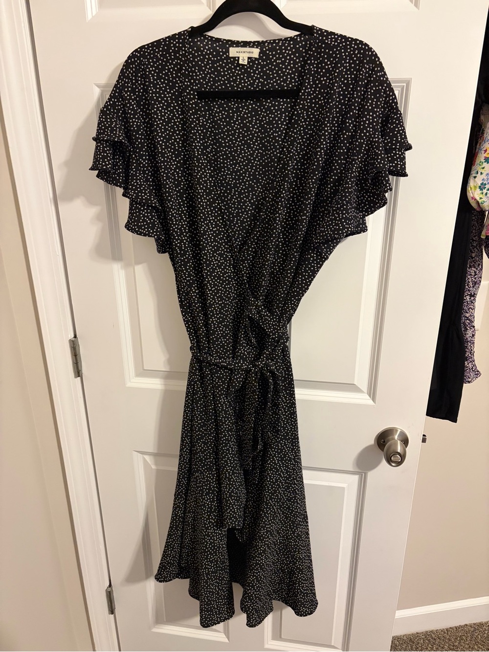 Max Studio Black Wrap Dress with White Dot Print